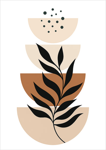 Freigestelltes Boho Poster mit gestapelten Halbkreisen & schwarzen Blättern – modernes Wandbild in Beige Braun