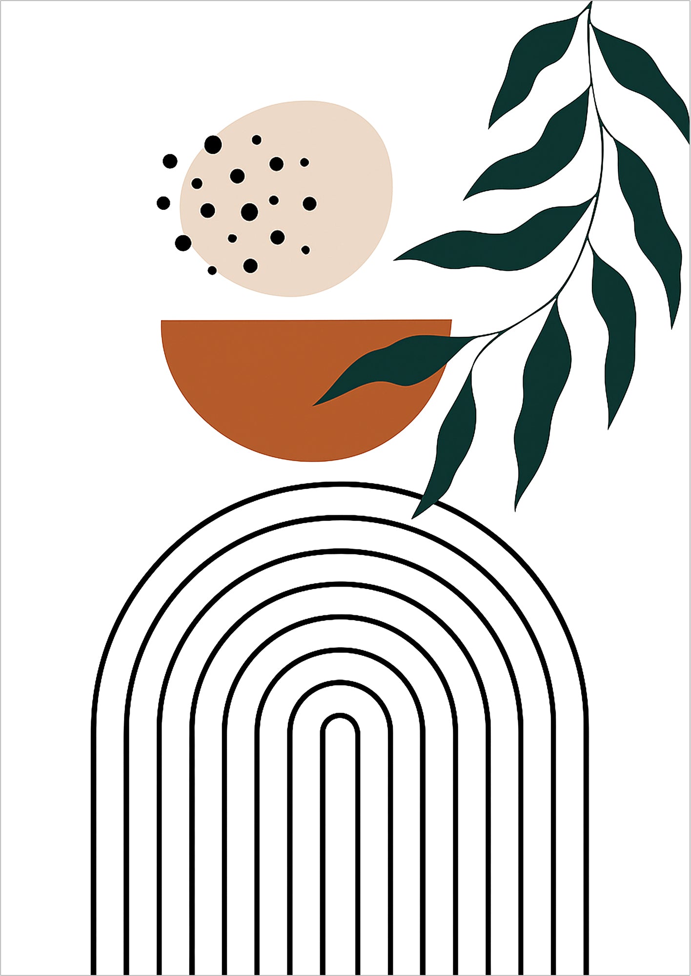 Freigestelltes Boho Poster mit Linienbogen, Halbkreis, Blättern & Punkten in Beige Braun Schwarz – modernes Wandbild

