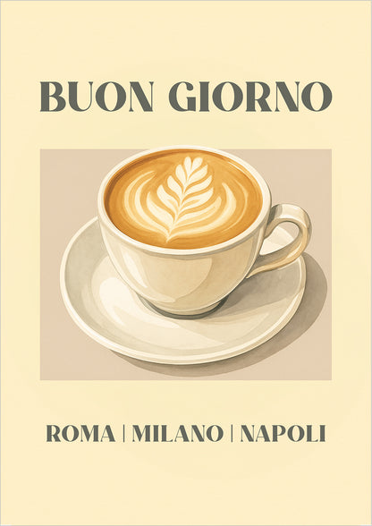 Cappuccinotasse mit Latte Art auf beigem Hintergrund und dem Schriftzug Buon Giorno in Retro-Typografie