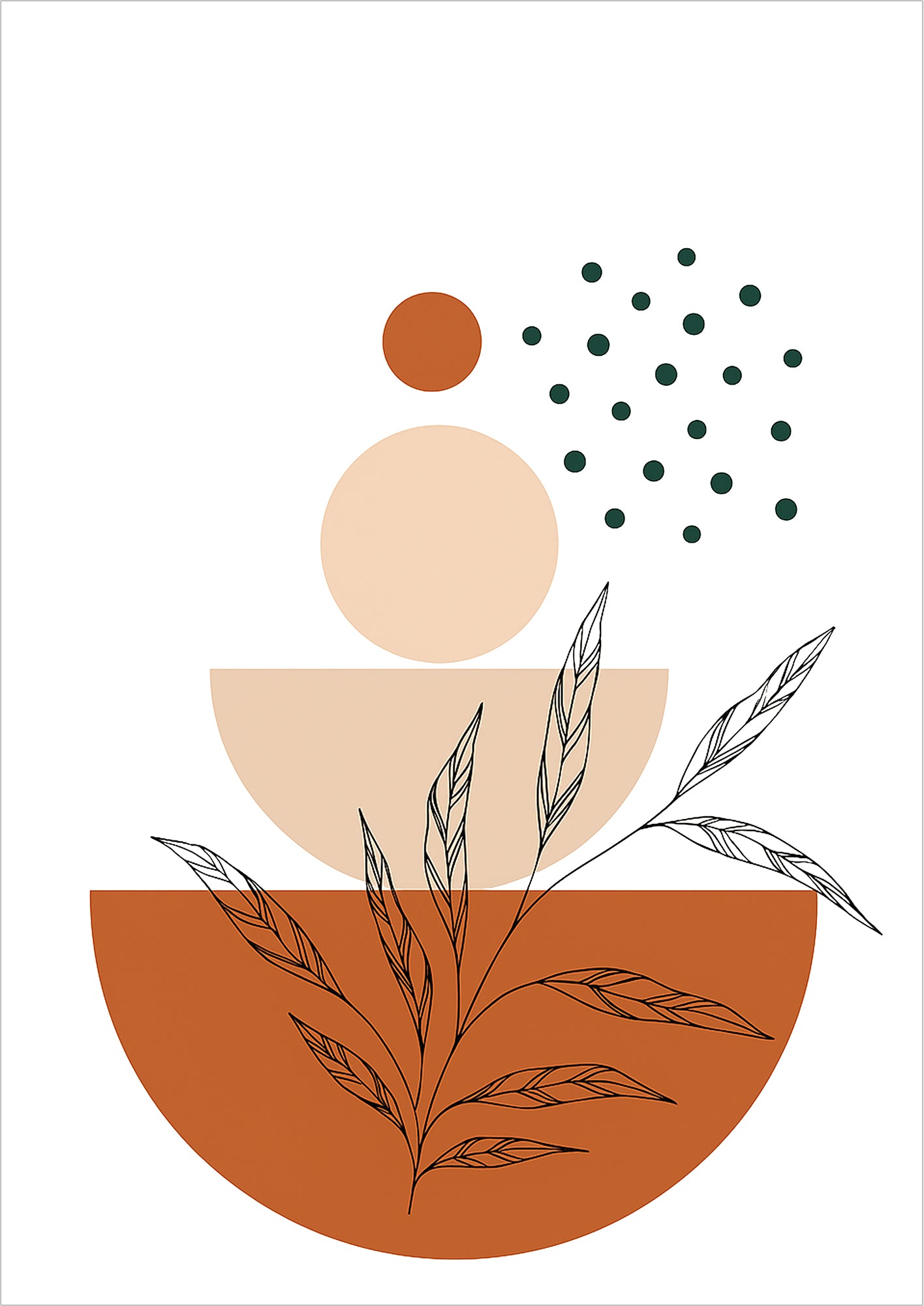 Freigestelltes Boho Poster mit Kreisen, Punkten & filigranen Blättern in Beige Braun Schwarz – moderne Wandkunst