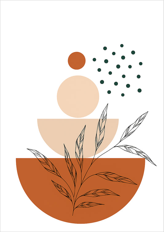 Freigestelltes Boho Poster mit Kreisen, Punkten & filigranen Blättern in Beige Braun Schwarz – moderne Wandkunst