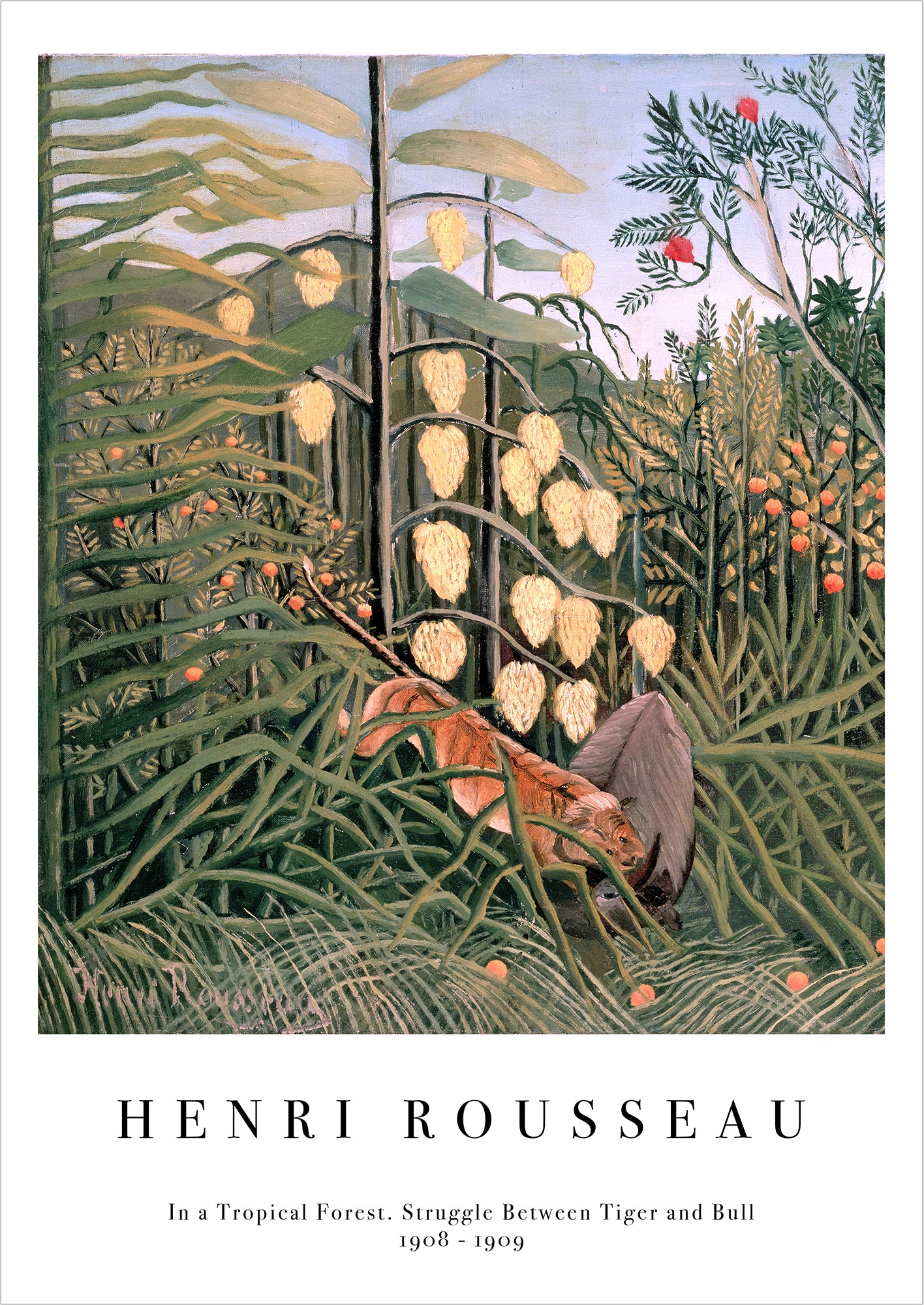 In a Tropical Forest. Struggle Between Tiger and Bull von Henri Rousseau als Poster, freigestellt auf weißem Hintergrund