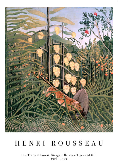 In a Tropical Forest. Struggle Between Tiger and Bull von Henri Rousseau als Poster, freigestellt auf weißem Hintergrund