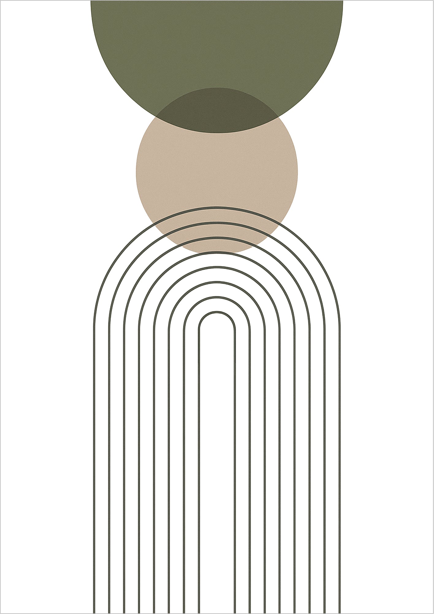 Freigestelltes Boho Poster mit überlappenden Kreisen in Grün Beige & feinem Linienbogen – modernes Wandbild