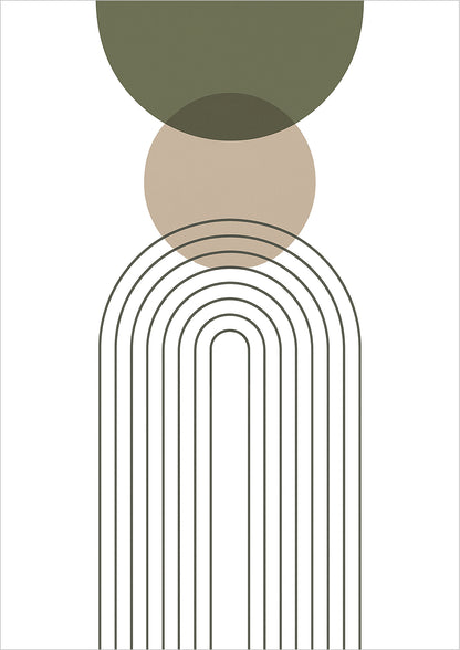 Freigestelltes Boho Poster mit überlappenden Kreisen in Grün Beige & feinem Linienbogen – modernes Wandbild