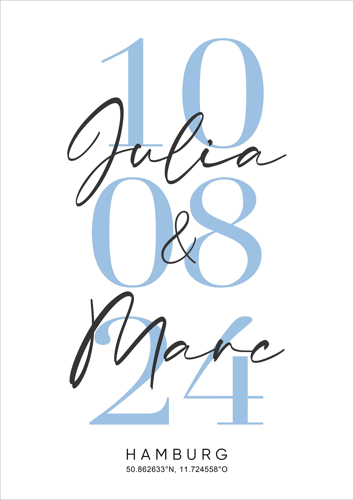 Hochzeits- / Paarbild mit Namen, Datum & Stadt - Personalisiert