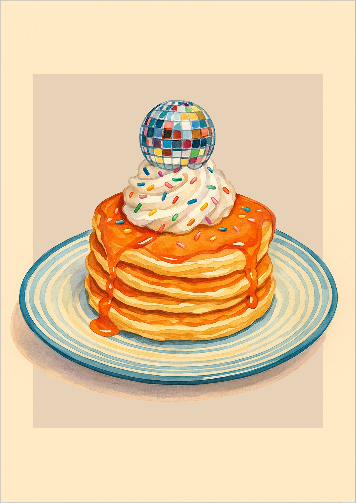 Illustration eines Pancake-Stapels mit Sahne, bunten Streuseln und Diskokugel auf pastellfarbenem Teller