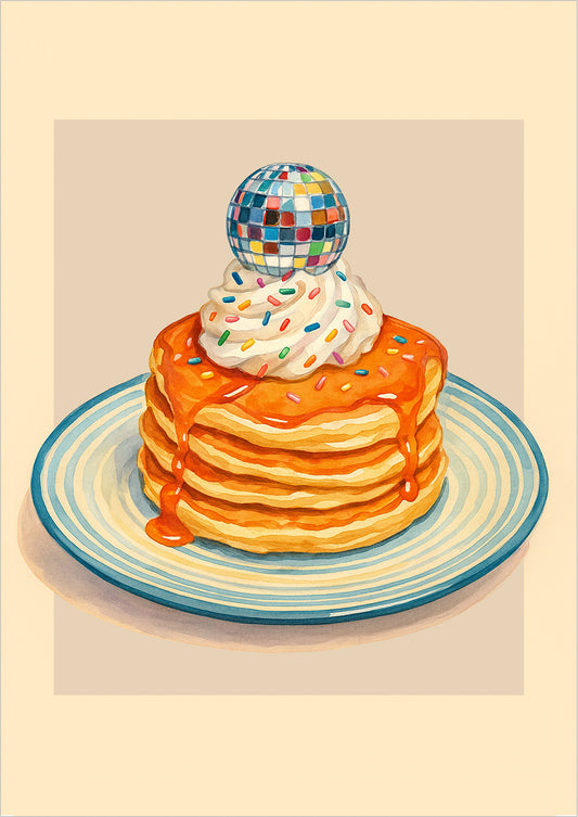 Illustration eines Pancake-Stapels mit Sahne, bunten Streuseln und Diskokugel auf pastellfarbenem Teller