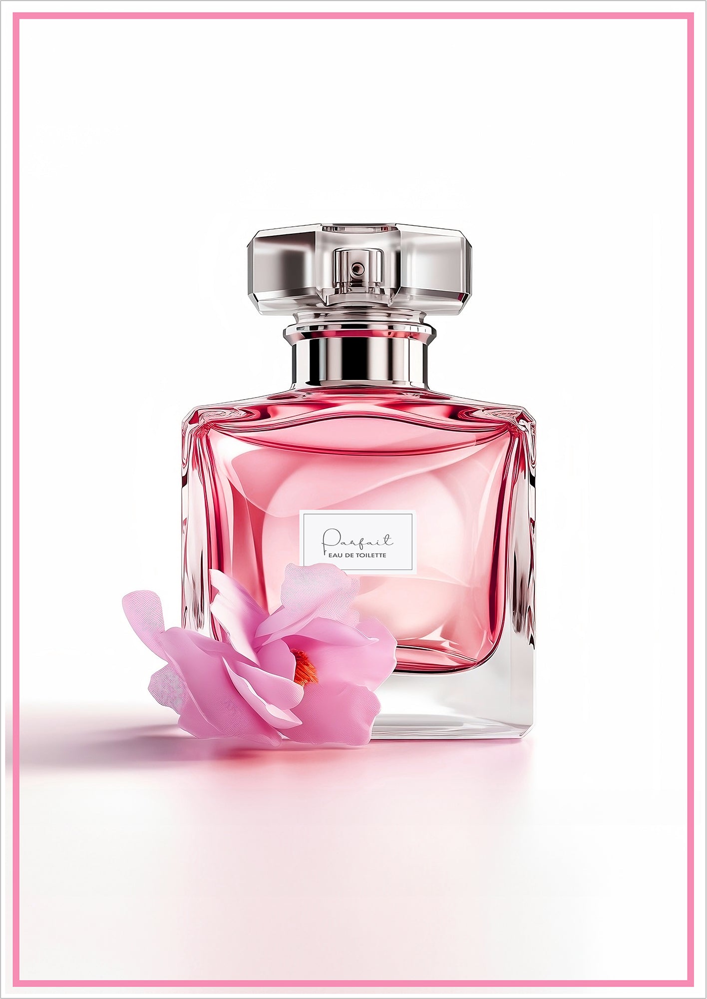 Pinker Parfumflakon mit Blüte freigestellt auf weißem Hintergrund