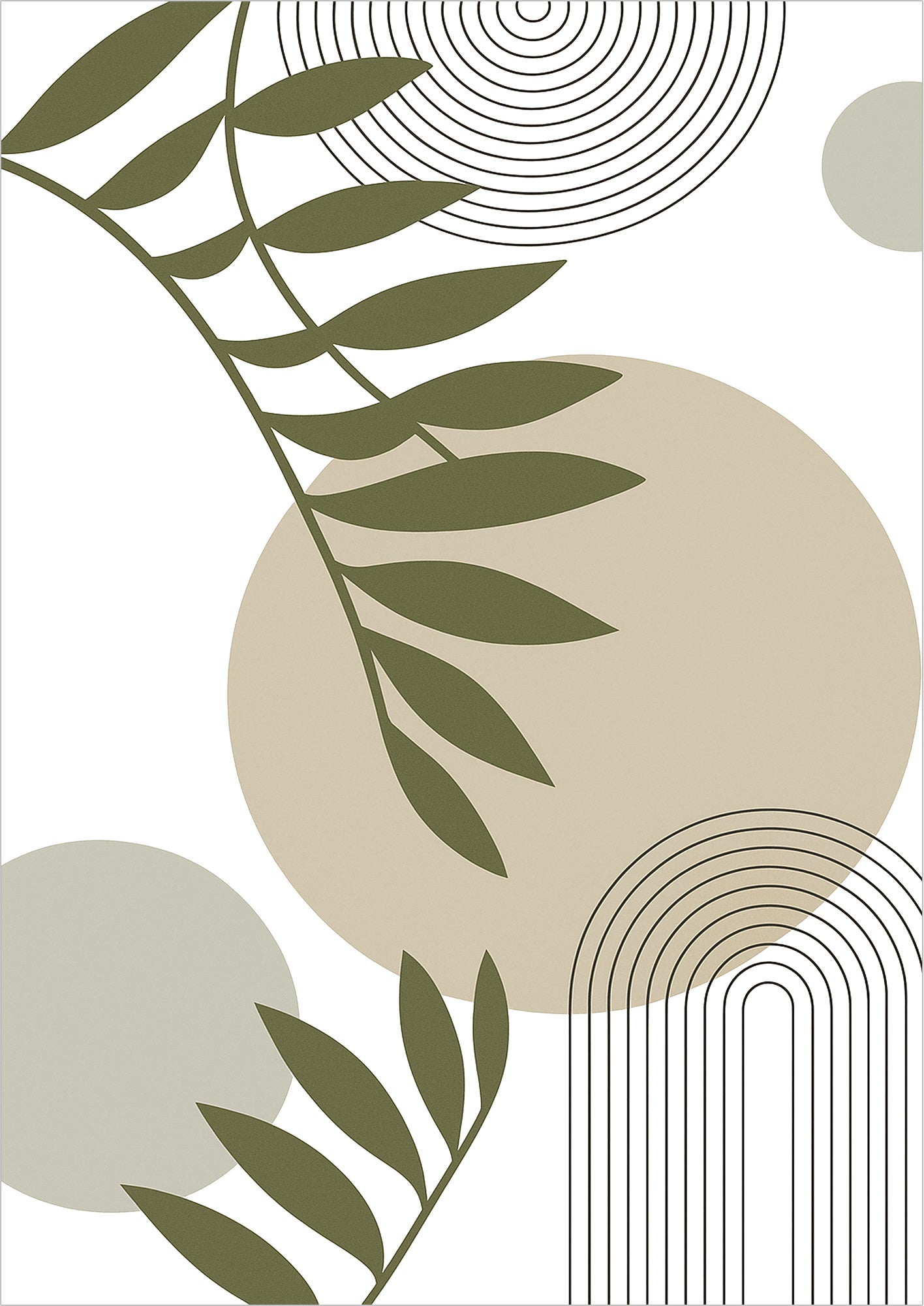 Freigestelltes Boho Poster mit großen Blättern, Linienkreisen & farbigen Punkten in Grün Beige – modernes Wandbild