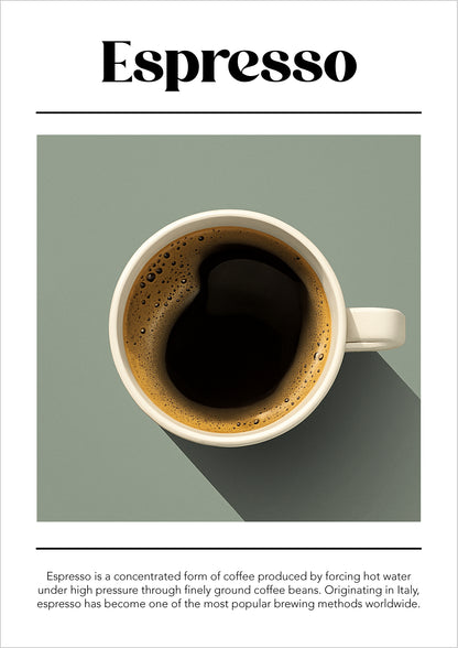 Obenansicht einer Espressotasse auf grünlichem Hintergrund mit erklärendem Text zur Zubereitung
