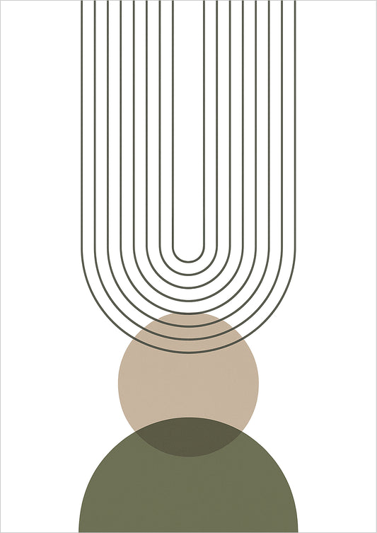 Freigestelltes Boho Poster mit Linienbogen & überlappenden Kreisen in Beige Grün – modernes minimalistisches Design