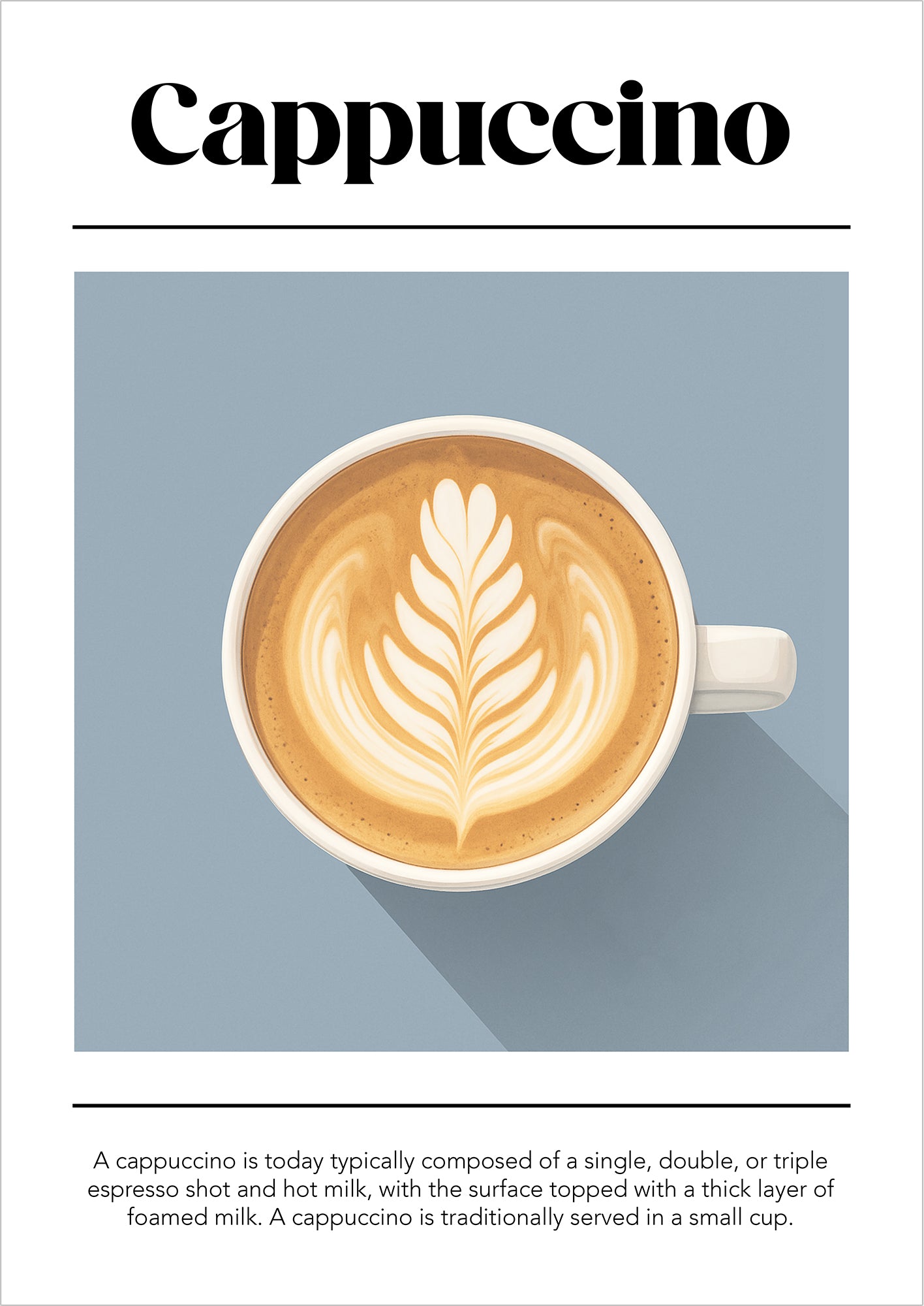 Illustration einer Cappuccino-Tasse mit Latte Art auf blauem Hintergrund und erklärendem Text