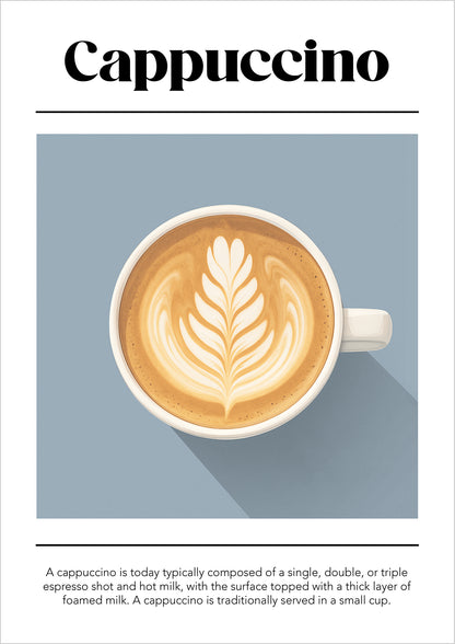 Illustration einer Cappuccino-Tasse mit Latte Art auf blauem Hintergrund und erklärendem Text