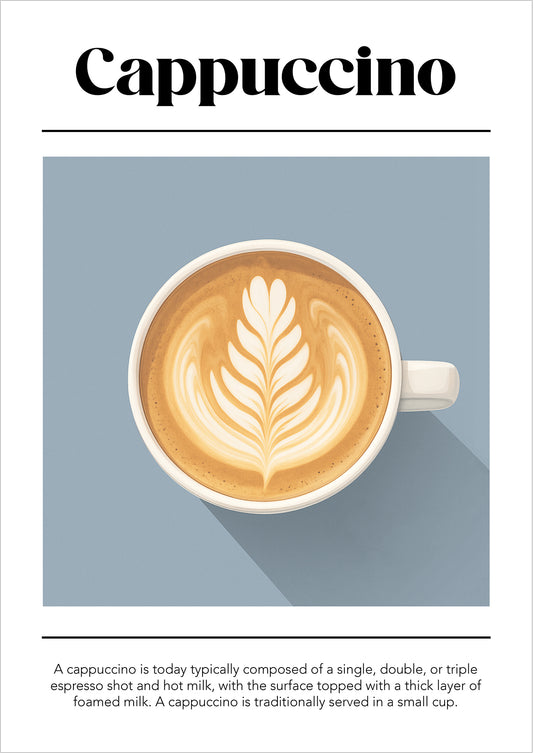 Illustration einer Cappuccino-Tasse mit Latte Art auf blauem Hintergrund und erklärendem Text