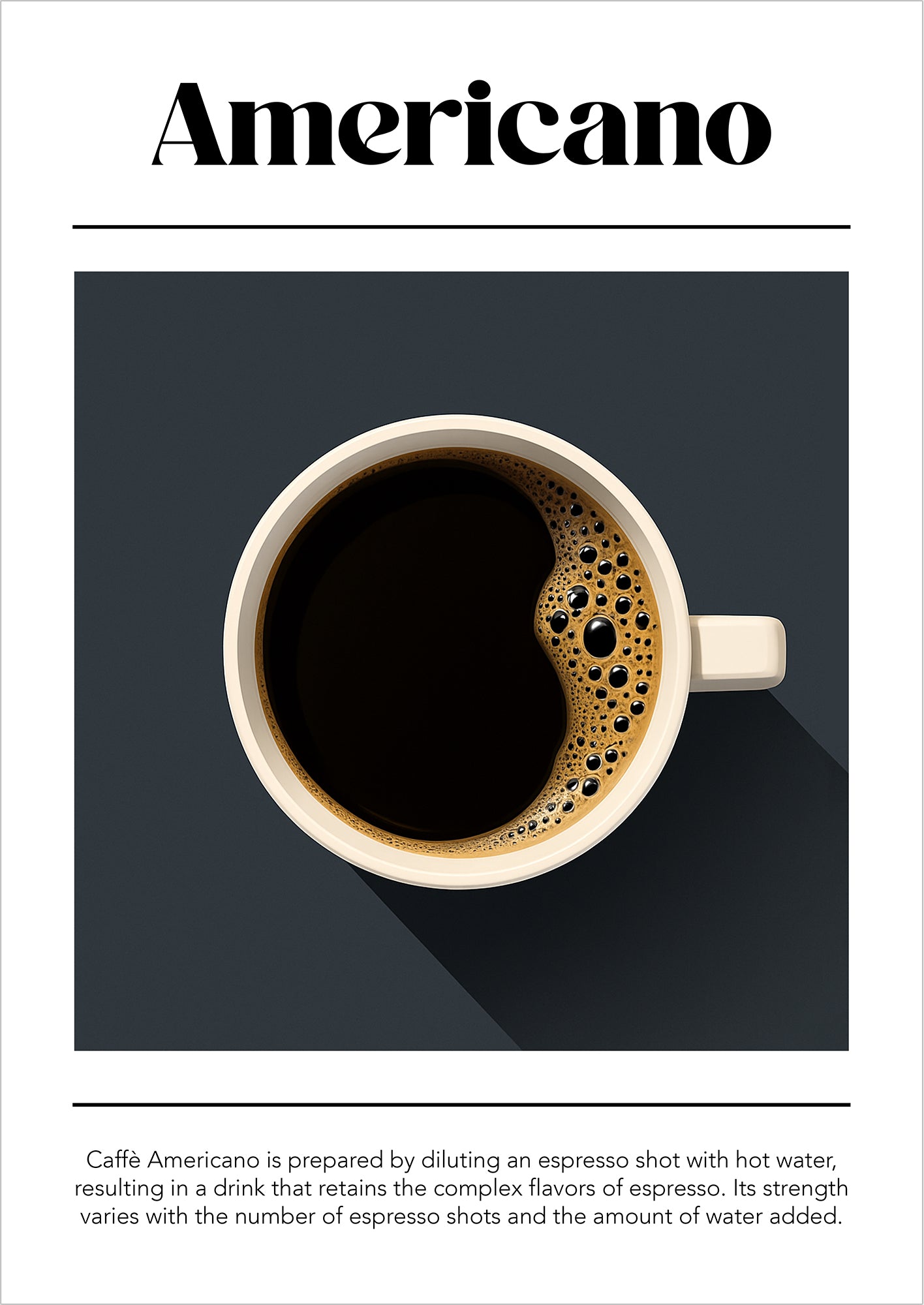 Illustration einer Americano-Tasse auf dunklem Hintergrund mit erklärendem Textblock