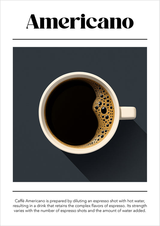 Illustration einer Americano-Tasse auf dunklem Hintergrund mit erklärendem Textblock