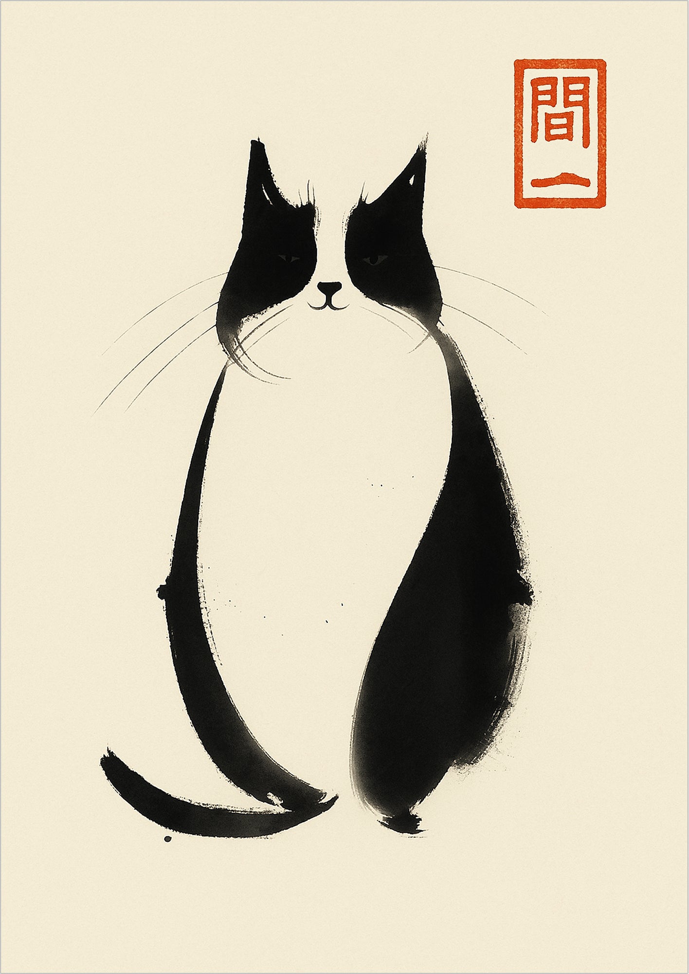 Tuschezeichnung einer sitzenden schwarz-weißen Katze mit rotem Siegel auf hellem Hintergrund