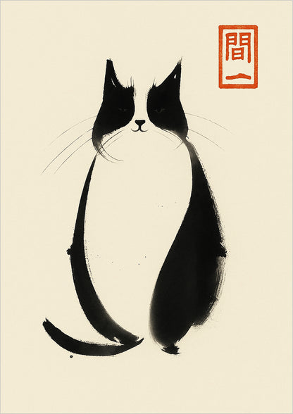 Tuschezeichnung einer sitzenden schwarz-weißen Katze mit rotem Siegel auf hellem Hintergrund