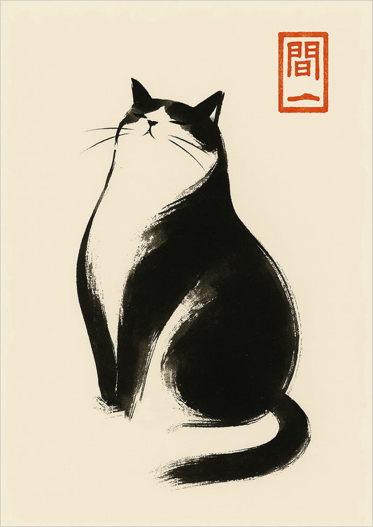 Tuscheillustration einer Katze mit aufrechtem Blick, schwarzem Fell und rotem Stempel auf hellem Grund