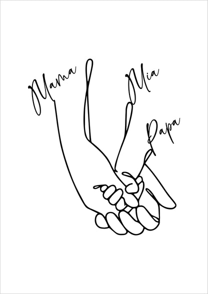 One Line Poster – Familienbild mit drei Händen, personalisiert mit Namen.