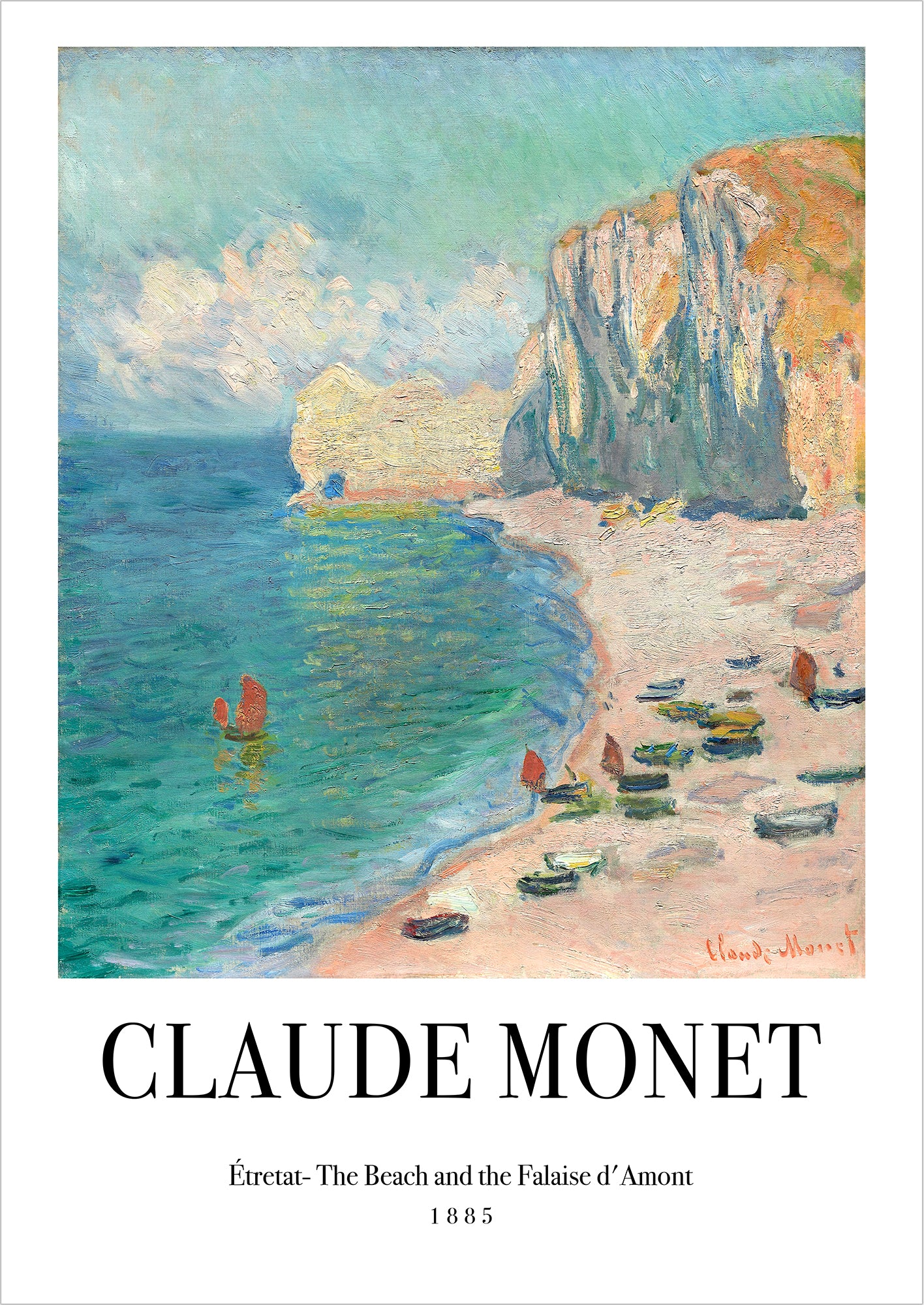 Étretat: The Beach and the Falaise d'Amont von Claude Monet als Poster, freigestellt auf weißem Hintergrund