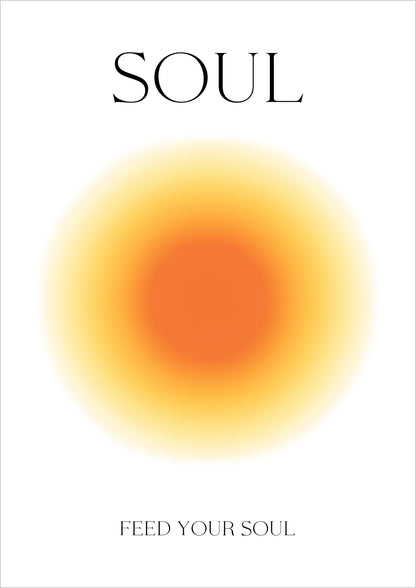 Poster mit einem orangen Farbverlauf in der Mitte, umgeben von weißem Hintergrund und dem Schriftzug Soul