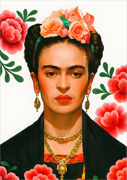 Frida Kahlo Porträt mit weißem Hintergrund und roten Blumen, freigestellter Kunstdruck