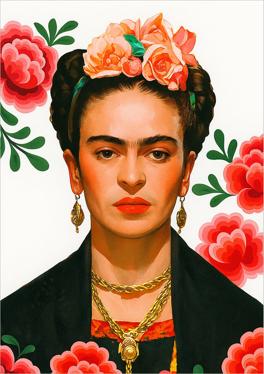 Frida Kahlo Porträt mit weißem Hintergrund und roten Blumen, freigestellter Kunstdruck