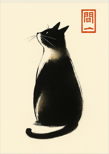 Seitliche Ansicht einer schwarz-weißen Katze im Zen-Stil mit Blick nach oben und rotem Stempel