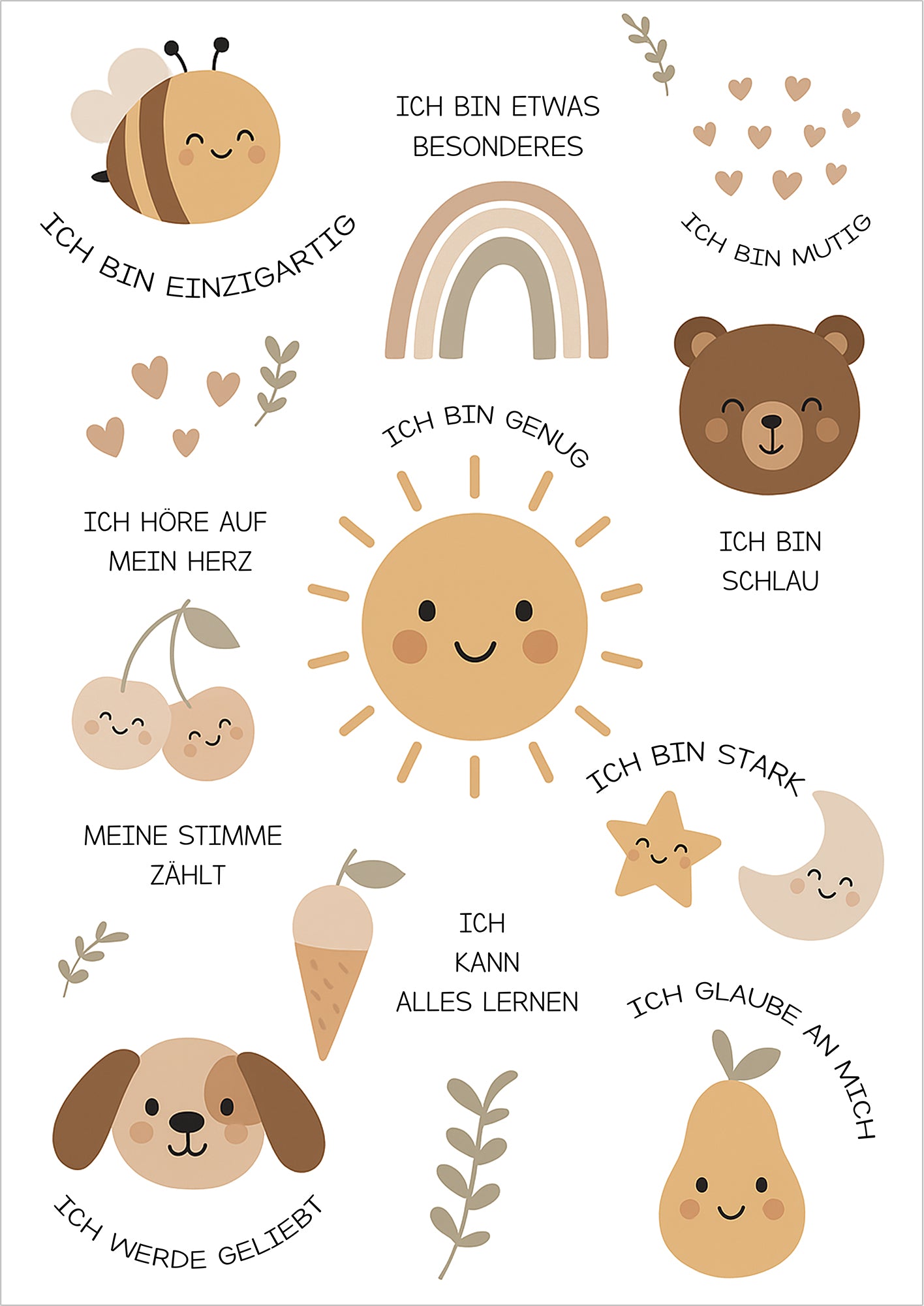 Kinder Affirmation Poster mit liebevollen Illustrationen und Sprüchen freigestellt auf weißem Hintergrund