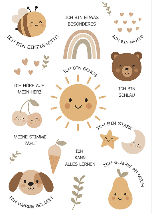 Kinder Affirmation Poster mit liebevollen Illustrationen und Sprüchen freigestellt auf weißem Hintergrund