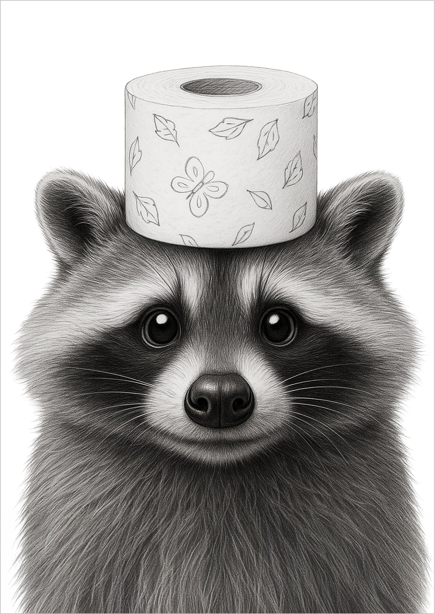 freigestelltes Poster mit einem Waschbär, der eine Klorolle auf dem Kopf trägt, minimalistisches lustiges Tiermotiv