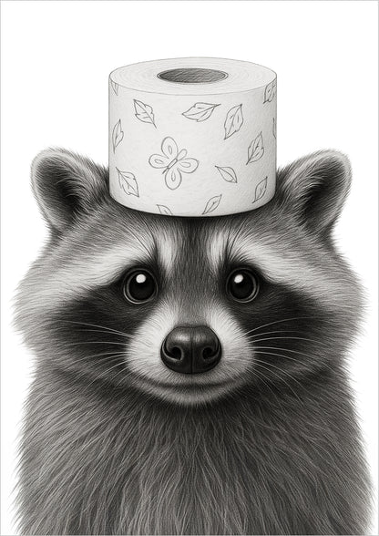 freigestelltes Poster mit einem Waschbär, der eine Klorolle auf dem Kopf trägt, minimalistisches lustiges Tiermotiv
