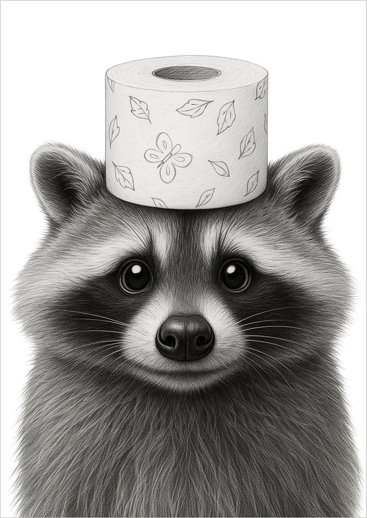 freigestelltes Poster mit einem Waschbär, der eine Klorolle auf dem Kopf trägt, minimalistisches lustiges Tiermotiv
