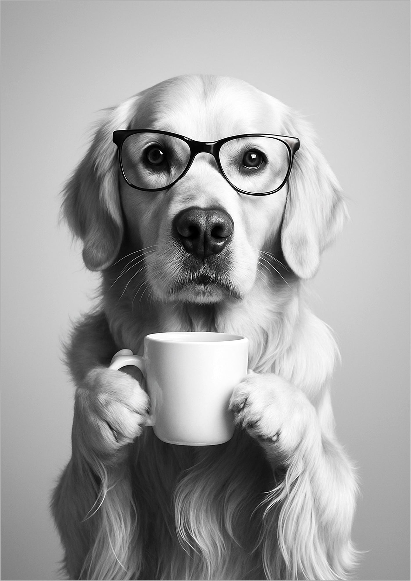 Golden Retriever mit Brille, freigestellt vor hellem Hintergrund