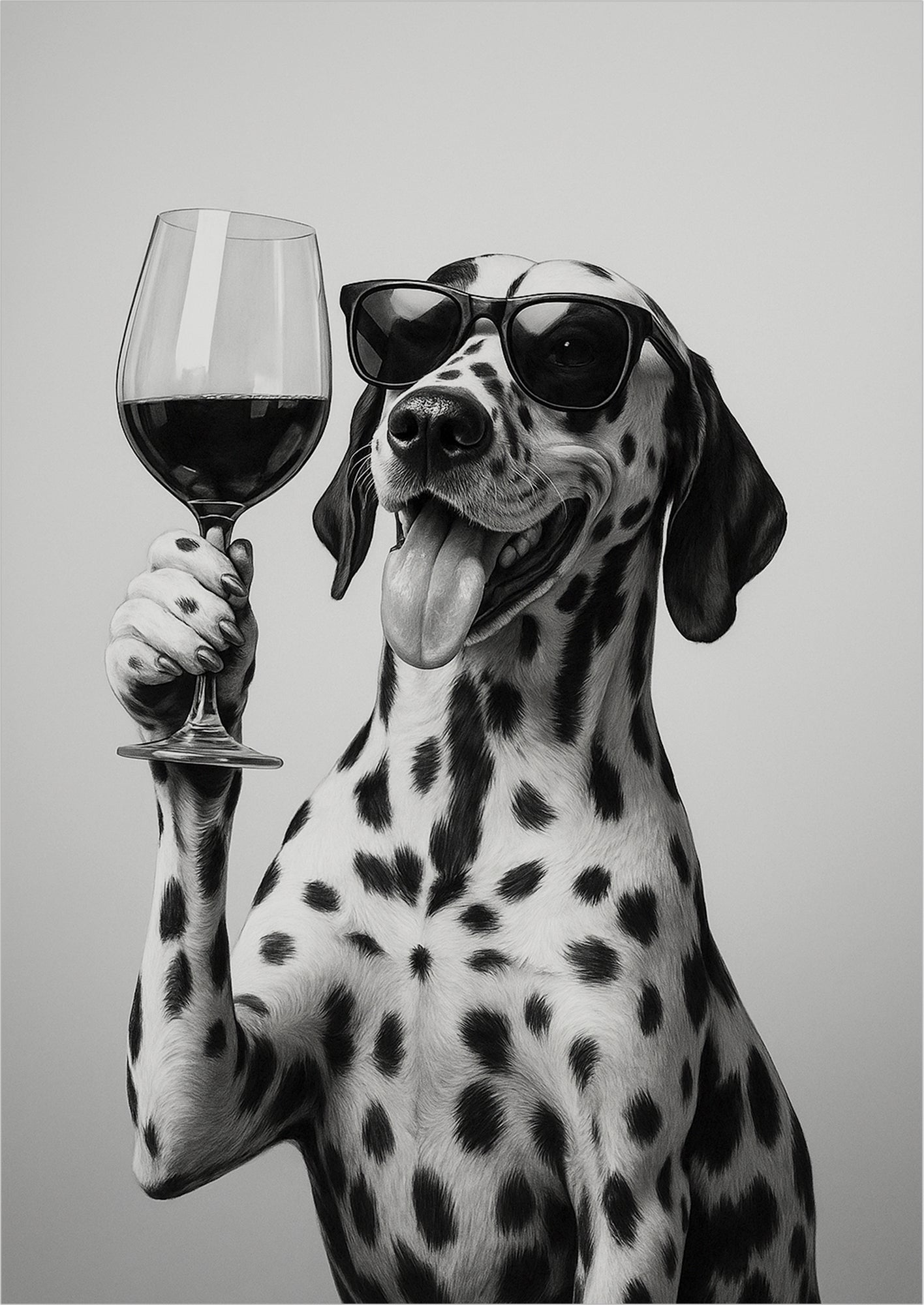 Dalmatiner mit Sonnenbrille und Weinglas, freigestellt vor hellem Hintergrund
