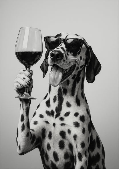 Dalmatiner mit Sonnenbrille und Weinglas, freigestellt vor hellem Hintergrund