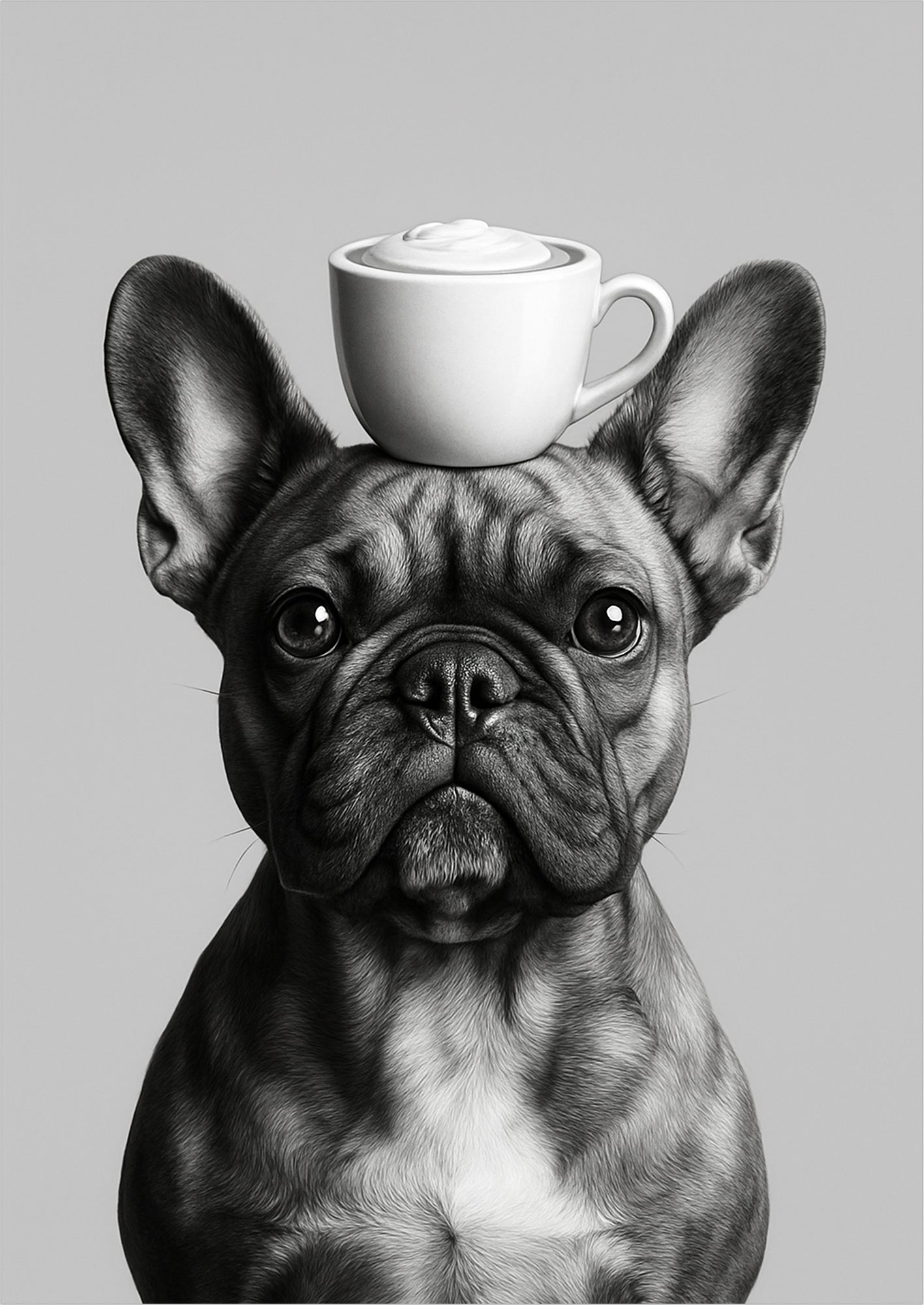 Französische Bulldogge balanciert eine weiße Tasse mit Schaum freigestellt auf hellgrauem Hintergrund