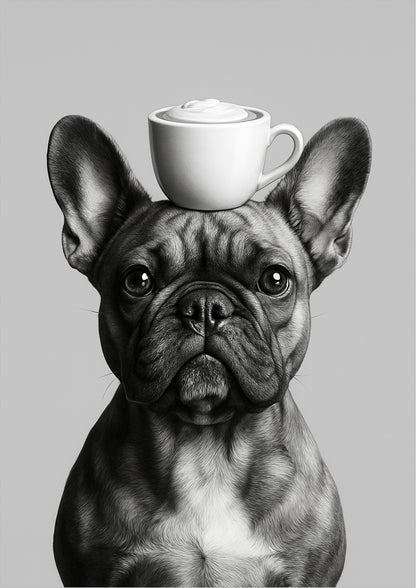 Französische Bulldogge balanciert eine weiße Tasse mit Schaum freigestellt auf hellgrauem Hintergrund