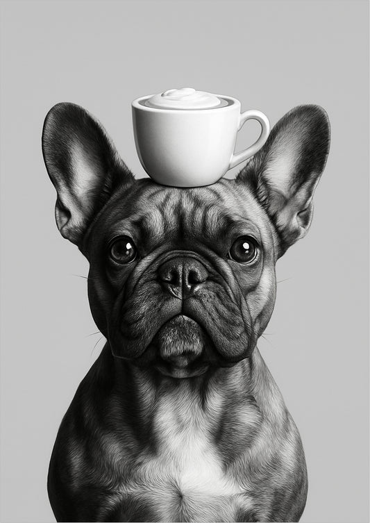 Französische Bulldogge balanciert eine weiße Tasse mit Schaum freigestellt auf hellgrauem Hintergrund