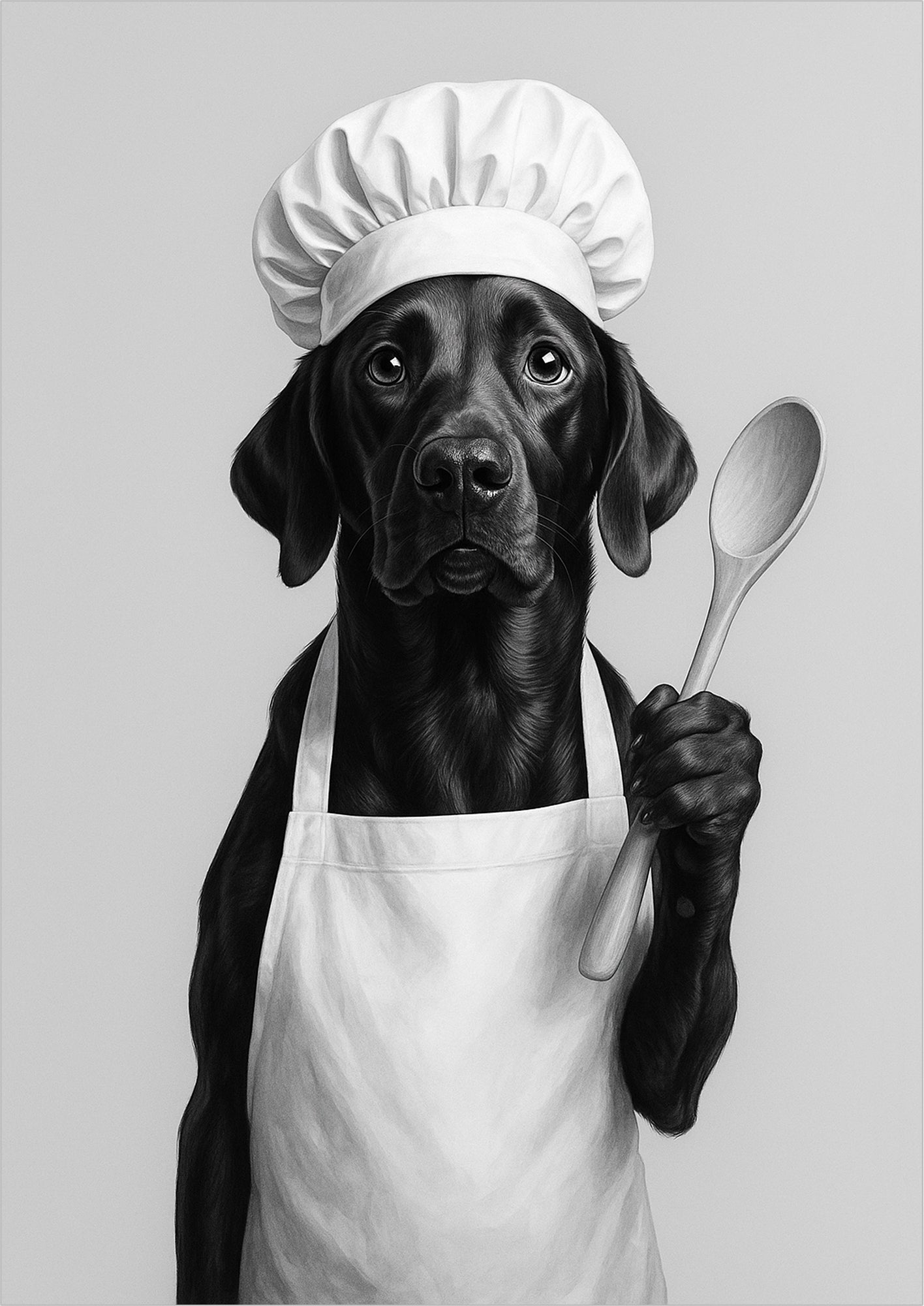 Illustration eines Labradors mit Kochmütze und Kochschürze freigestellt auf hellgrauem Hintergrund