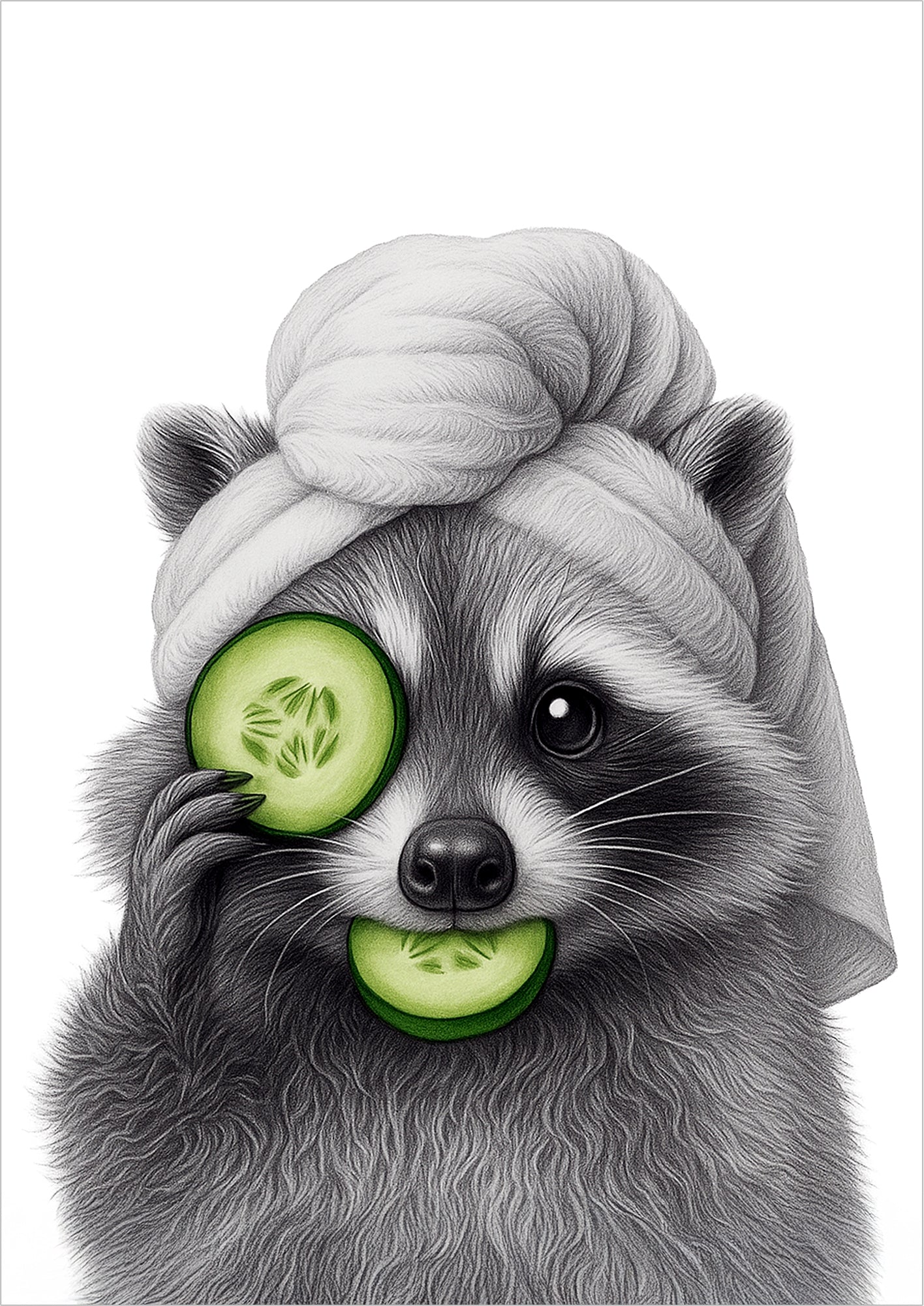 freigestelltes Poster mit einem entspannten Waschbär, der Gurkenscheiben auf Augen und Mund hat und ein Handtuch trägt