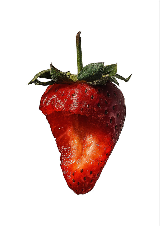 Freigestellte Illustration einer angebissenen Erdbeere auf weißem Hintergrund – modernes Food Kunstposter