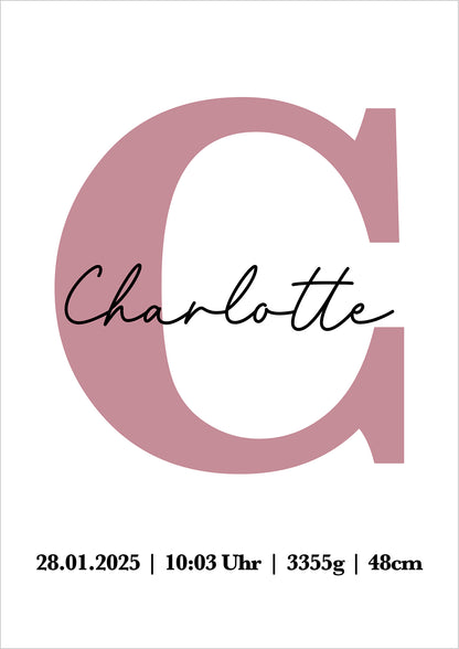 Geburtsposter Mädchen mit Buchstabe - Personalisiert