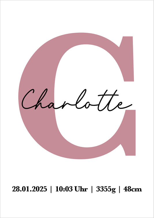 Geburtsposter Mädchen mit Buchstabe - Personalisiert