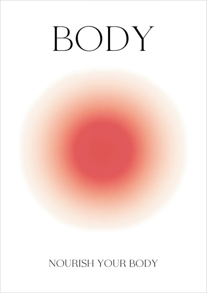 Poster mit rötlichem Farbverlauf in der Mitte und dem Schriftzug Body auf weißem Hintergrund