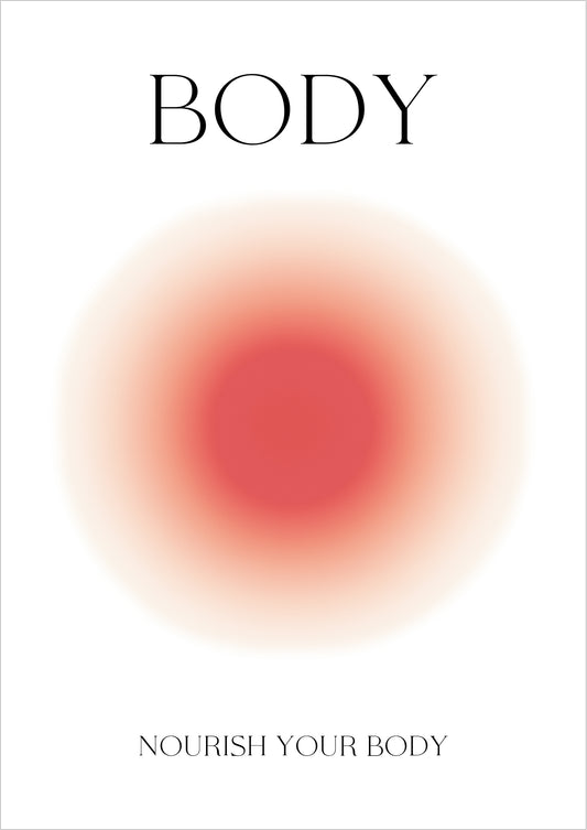 Poster mit rötlichem Farbverlauf in der Mitte und dem Schriftzug Body auf weißem Hintergrund