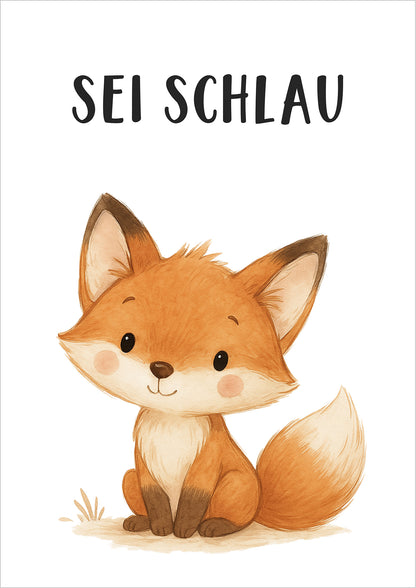 Fuchs Sei schlau Kinder Affirmation Poster freigestellt auf weißem Hintergrund, niedliche Illustration fürs Kinderzimmer