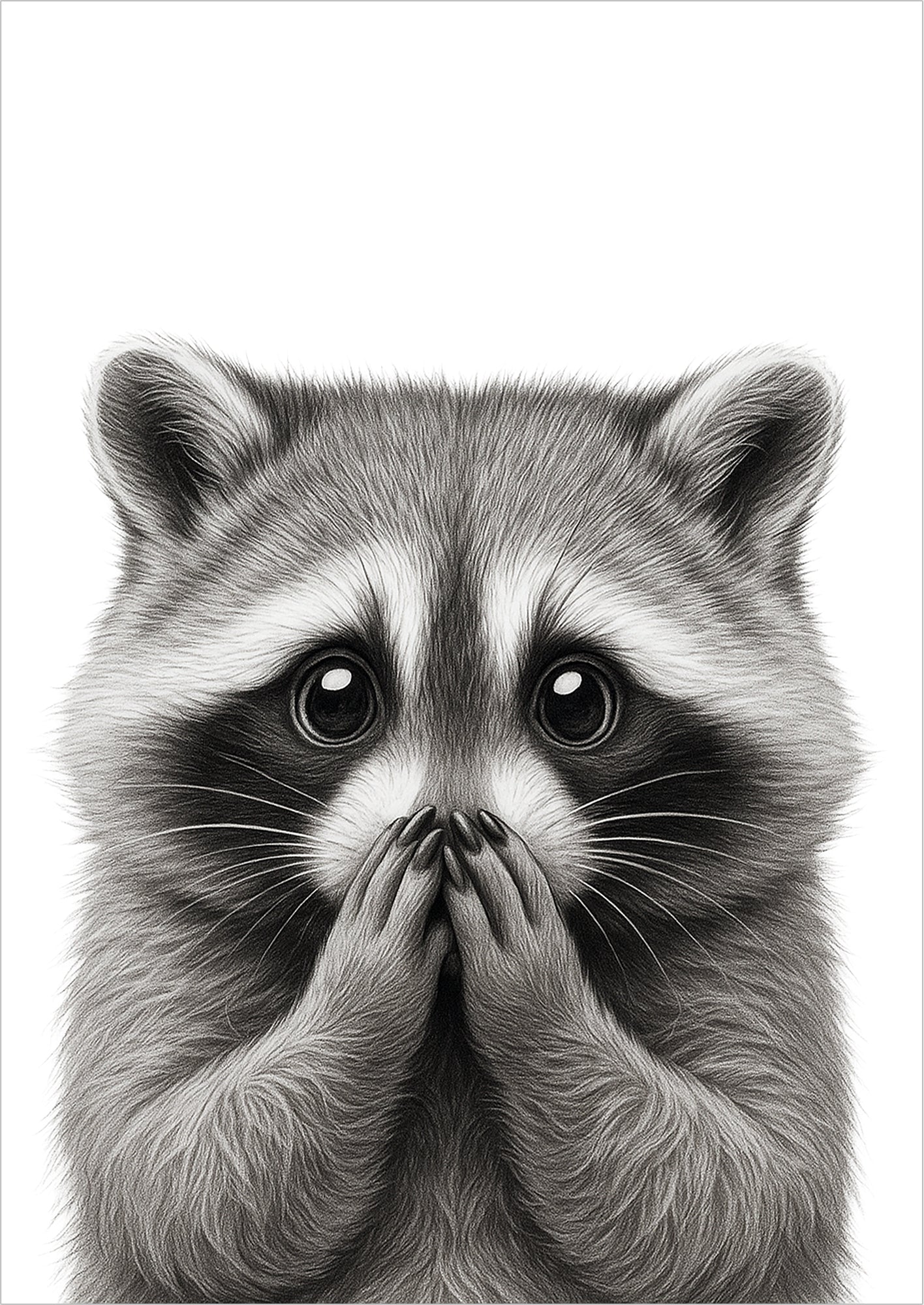 freigestelltes Poster mit einem Waschbär, der überrascht die Hände vor den Mund hält, süßes Tiermotiv